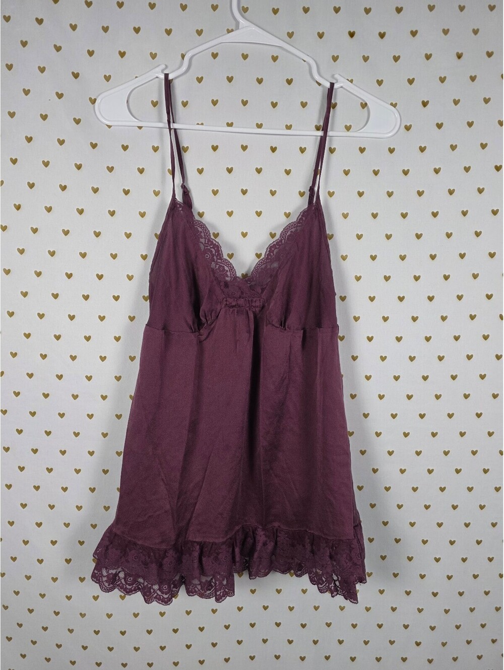 Victorias Secret Maroon Ruffle SILK Babydoll Slip Dress Nightie Lingerie Small